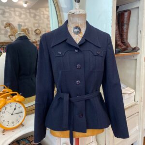 Giacca vintage pura lana  blu scuro con cintura