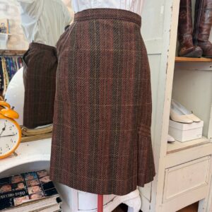 Gonna vintage a quadri marrone con dettagli in pelle